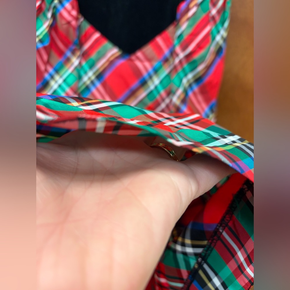 Vintage Leslie Lucks Holiday Tartan Plaid Bow Velvet Drop Waist Strapless Dress - Picture 6 of 14